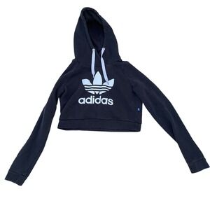 Adidas Originals Womens Cropped Trefoil Hoodie Black White Logo Pullover S